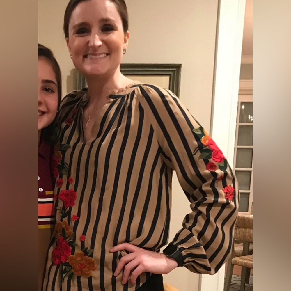 Striped Tan & Black Blouse with Red Floral Embroidery. Akemi and Kin brand.